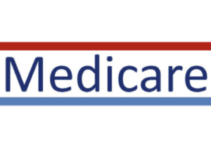 Red and blue lines frame the word "Medicare" in bold lettering on a white background.