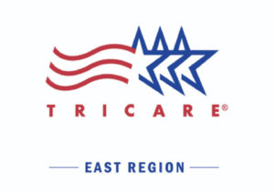 TRICARE logo featuring red wavy lines, three blue stars, and text reading "EAST REGION."