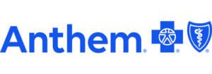 Anthem logo in blue featuring a cross, shield, and stylized globe elements.
